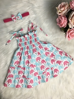 Vestido Candy Elefantes Azul e Rosa com Tiara