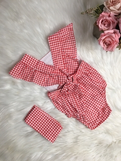 Banho de Sol com Turbante Xadrez Vermelho e Amarelo - 0 a 6 meses - comprar online