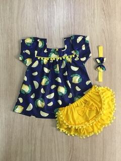 Vestido Pompom Limão Azul Marinho com Tiara