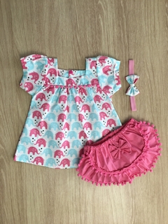 Vestido Pompom Elefante Rosa e Azul com Tiara