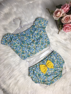 Conjunto Cropped com Bunda Rica Floral Azul Claro com Amarelo - 1 ano
