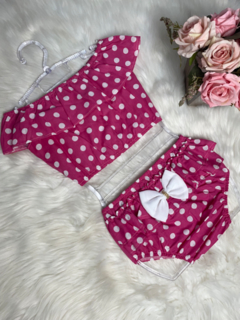 Conjunto Cropped com Bunda Rica Poá Rosa e Branco - 1 ano
