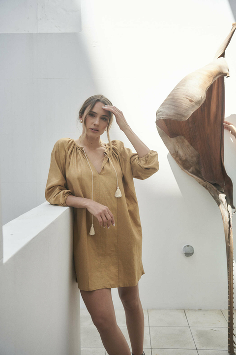 VESTIDO MEGHAN - LINO FOIL - TOSTADO