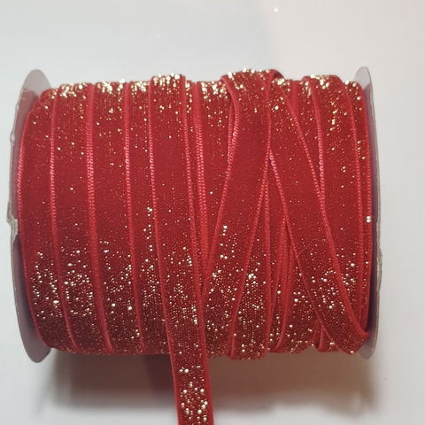 Fita Veludo Fina Vermelha Glitter com Dourado (m)