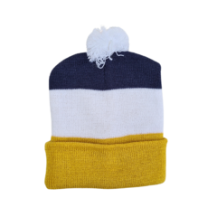 GORRO POMPON TRICOLOR- AZÚL, BLANCO Y MOSTAZA