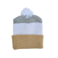 GORRO POMPON TRICOLOR- GRIS, BLANCO Y CAMEL