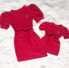Vestido vermelho manga bufante simbolo mãe e filha