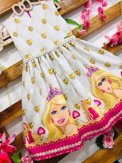 Vestido Barbie corações amarelos pérolas infantil