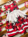 Vestido flores vermelhas perolas infantil