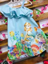 Vestido Sereia Fundo azul babado infantil