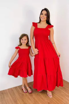 Vestido Longo mãe e filha Vermelho Manga babadinho