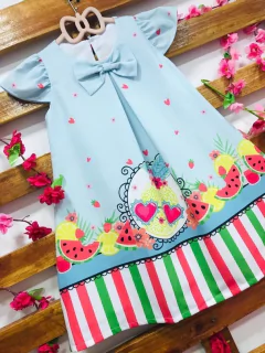 Vestido frutas azul laço infantil