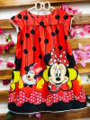Vestido vermelho minnie poa grande preto pompom manga infantil