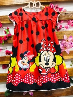 Vestido vermelho minnie poa grande preto pompom manga infantil