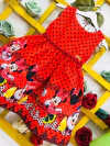 Vestido vermelho minnie barra poa preto pequeno pérolas infantil
