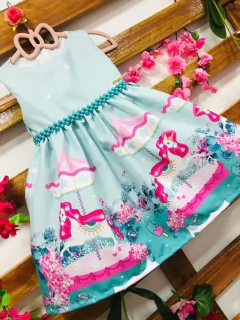 Vestido Carrossel verde e rosa pink infantil