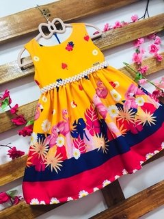 Vestido Flamingo Laranja e azul pérolas infantil