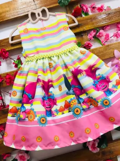 Vestido Trolls barra rosa pérolas infantil