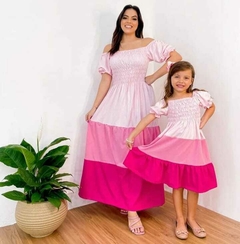 Vestido 3 Marias com Manga mãe e filha Rosa