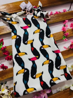 Vestido Tucanos branco manga amarra infantil