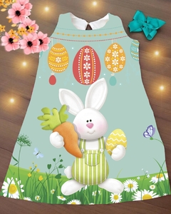 Vestido Coelho Verde Pascoa trapézio infantil