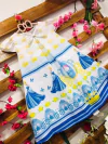 Vestido Cinderela azul e amarelo Laço e manga infantil