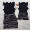 Conjunto saia listrada e blusinha preta detalhe manga mãe e filha