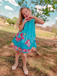 Vestido Verde Ariel Pequena Sereia barra laço infantil