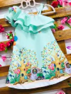Vestido verde água floresta bexiga babado infantil