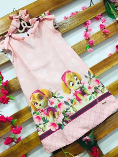 Vestido Skie Flores Patrulha Canina Rosa laços manga infantil