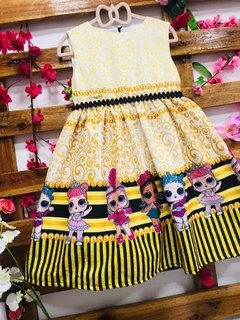 Vestido lol amarelo barra listra preta pérolas infantil