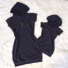Vestido preto paetê e touca mãe e filha
