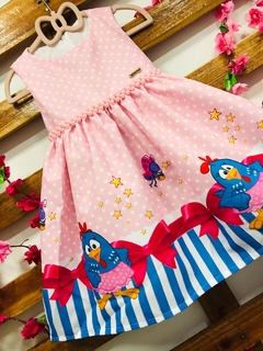 Vestido galinha pintadinha rosa barra listra azul modelo Julia infantil