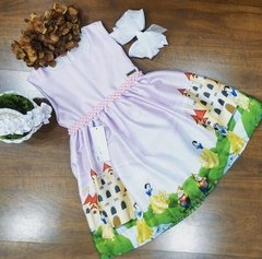 Vestido branca de Neve Castelo roxo pérolas infantil