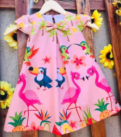 Vestido Tucano e Flamingo rosa modelo Manuella infantil