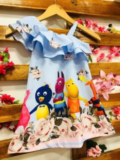 Vestido Backyardigans fundo azul claro modelo valentina infantil
