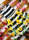 Vestido listra preta flor amarela pérolas infantil