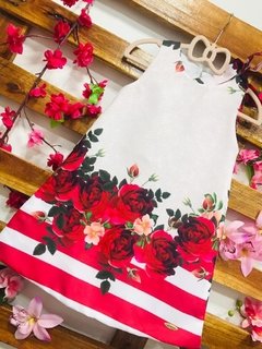 Vestido Rosa vermelha com branco laço manga infantil