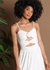 Vestido longo em malha com recortes e detalhe flor no busto. Cores off white, lima e preto. 
