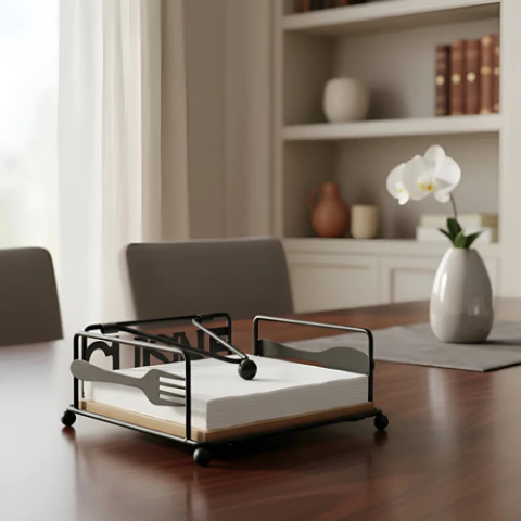 Servilletero de Hierro y Base de Bambú – Diseño Cuadrado | Línea CUISINE - comprar online