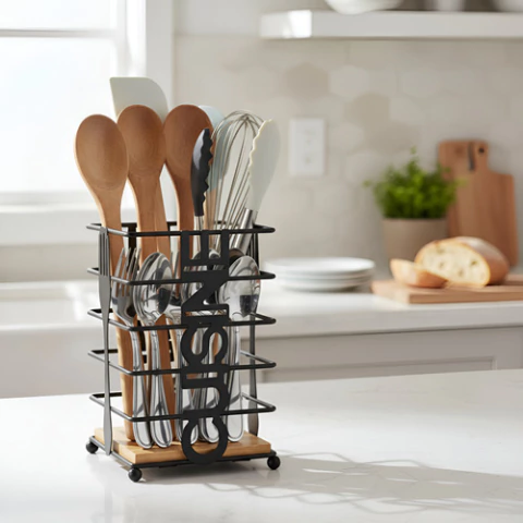 Portacubiertos y Utensilios de Hierro con Base de Bambú – Diseño CUISINE - comprar online