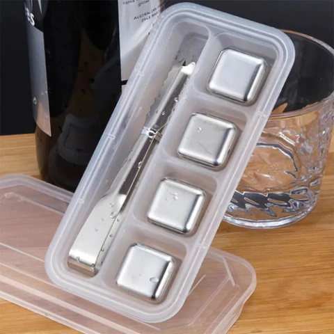 Set de 4 Cubos de Hielo de Acero inoxidable + Pinza + Estuche - comprar online