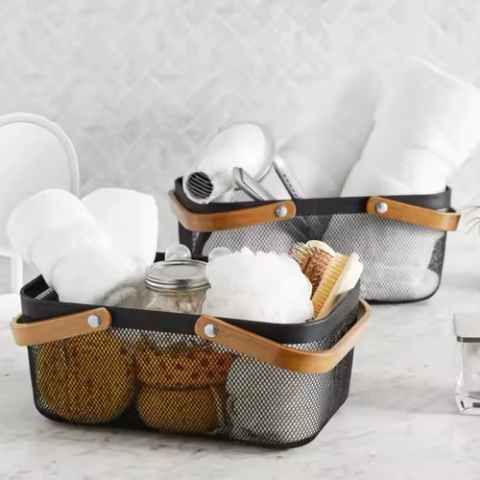 Canasto Organizador Metálico Rectangular con Manijas de Madera - comprar online