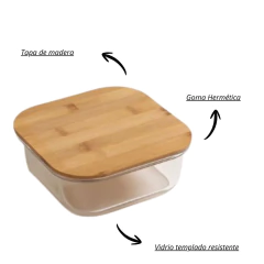 Imagen de 3 Tapers Herméticos Vidrio Templado Cuadrados Tapa Madera