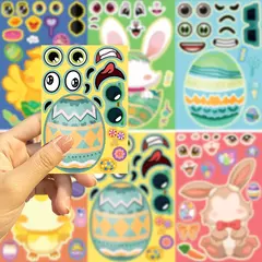 8 planchas de stickers para jugar "huevos y conejo de pascua"