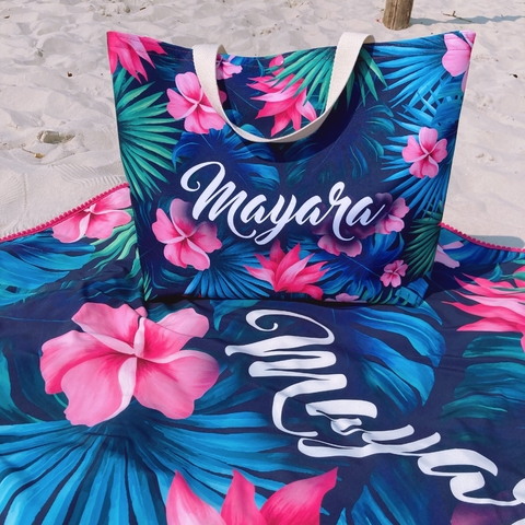 Kit Personalizado Bolsa Slim + Canga com Mini Pompons Estampa Honolulu
