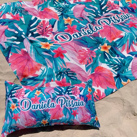 Kit Summer Personalizado Canga de Praia + Almofadinha Estampa Floral Rosa