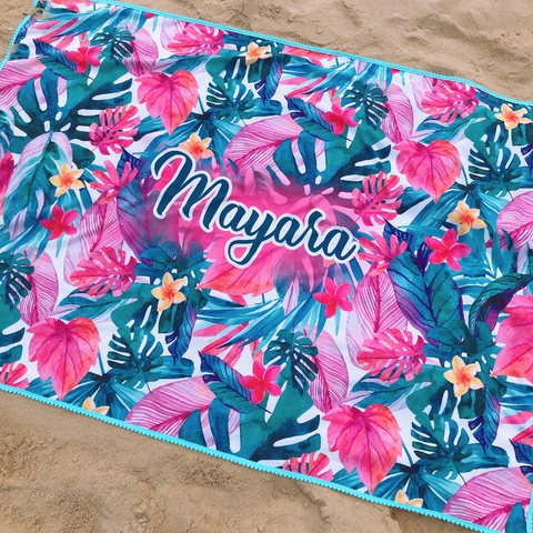 Canga de Praia Personalizada com Mini Pompons | Estampa Floral Rosa