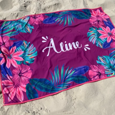 Canga de Praia Personalizada com Mini Pompons Estampa Purple Hibiscus