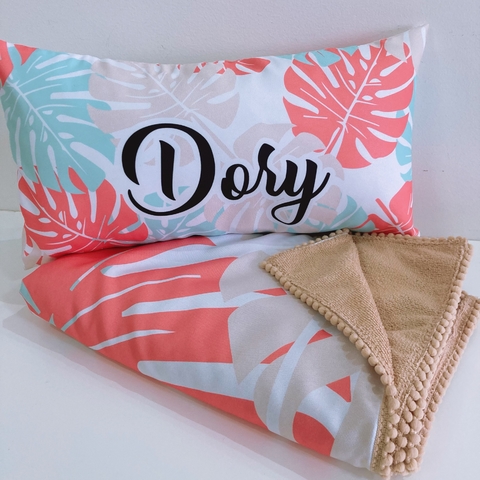 Kit Summer Personalizado = Canga Toalha + Almofadinha | Estampa Folhas Coral